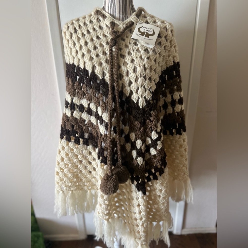 Handmade in Denmark Knit Poncho with Pom Poms
